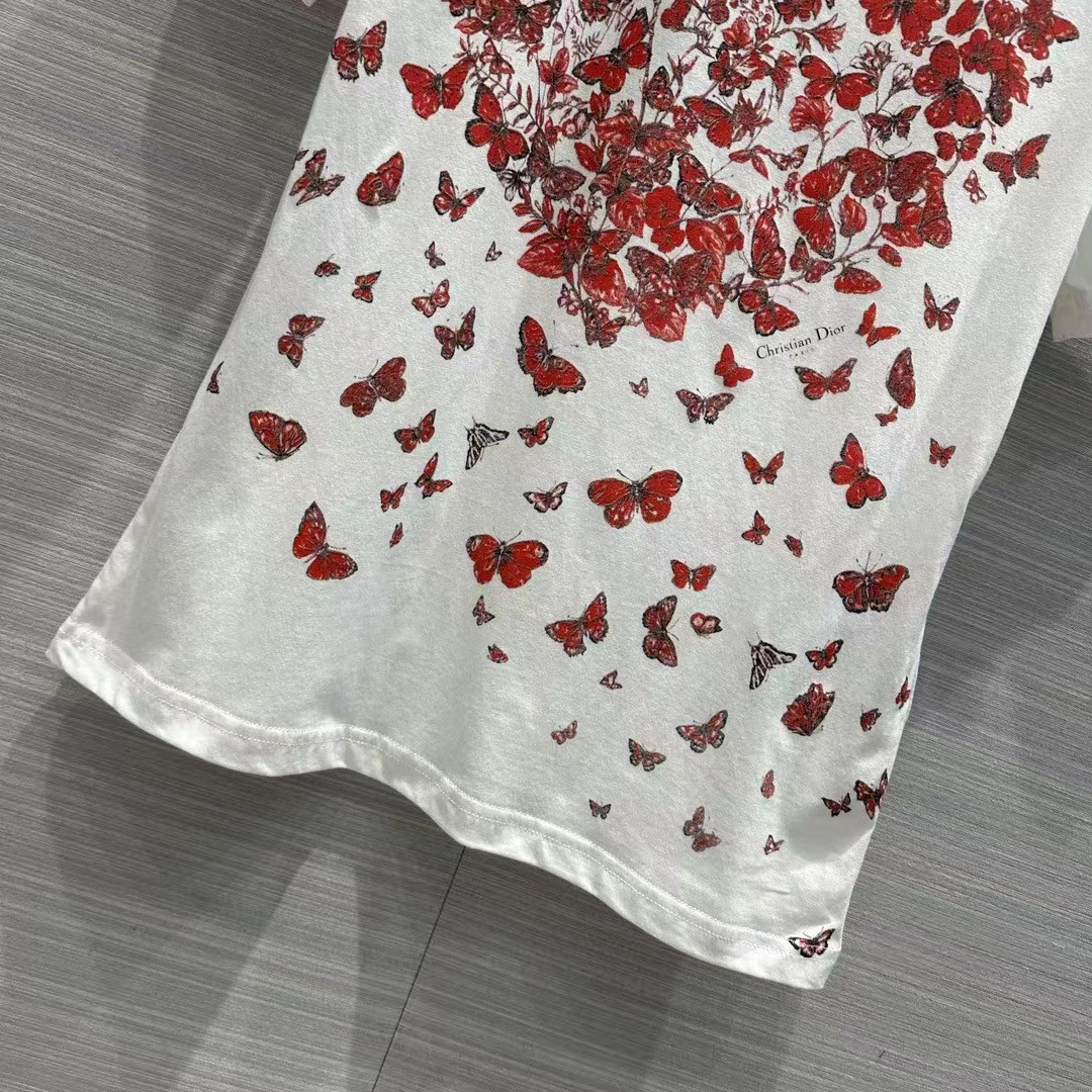 Dior Women CD T-Shirt White Cotton Jersey Red Le Cœur Des Papillons Motif