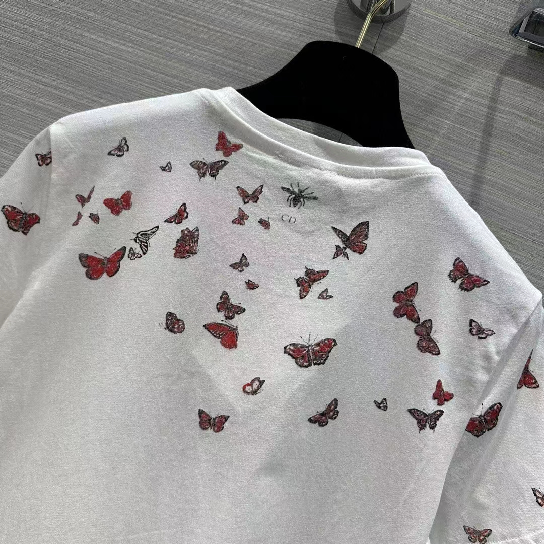 Dior Women CD T-Shirt White Cotton Jersey Red Le Cœur Des Papillons Motif