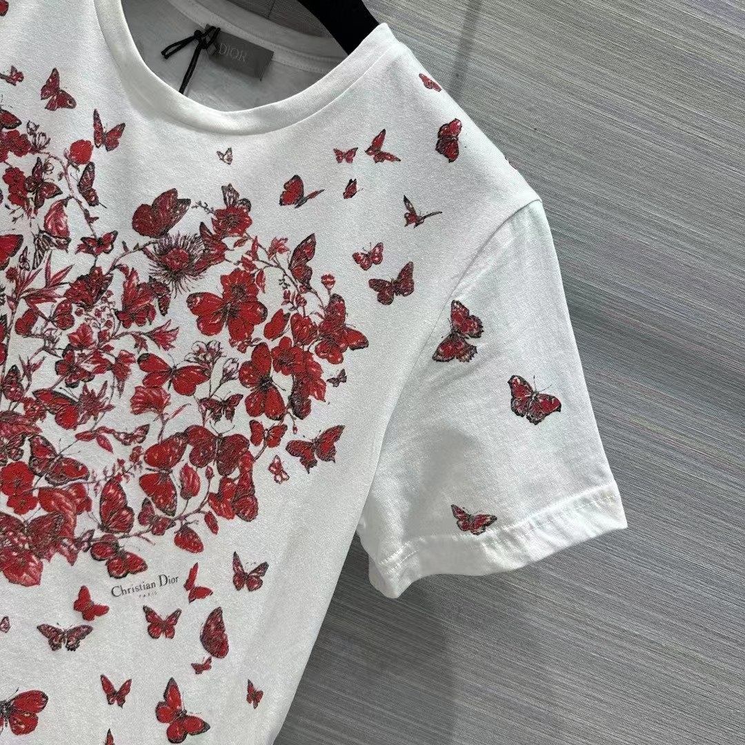 Dior Women CD T-Shirt White Cotton Jersey Red Le Cœur Des Papillons Motif