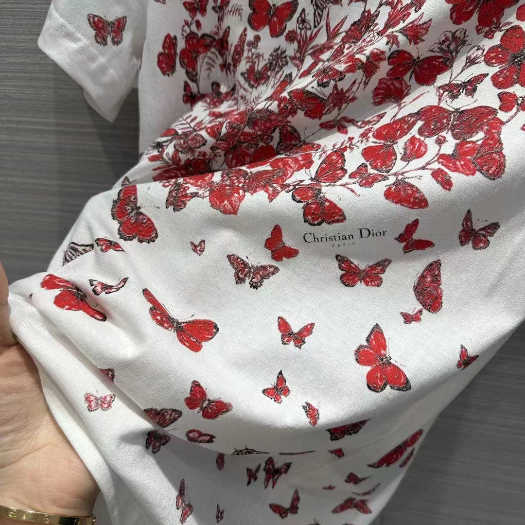 Dior Women CD T-Shirt White Cotton Jersey Red Le Cœur Des Papillons Motif