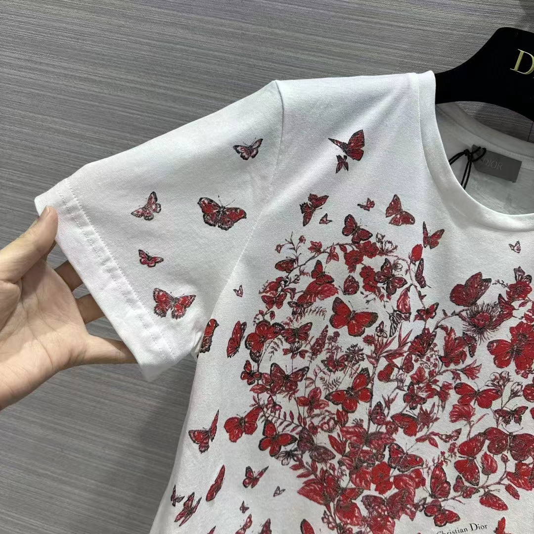 Dior Women CD T-Shirt White Cotton Jersey Red Le Cœur Des Papillons Motif