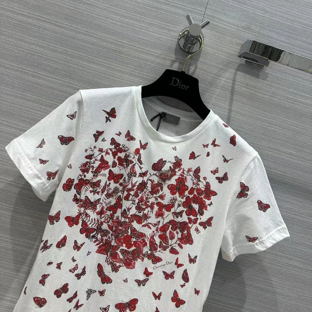 Dior Women CD T-Shirt White Cotton Jersey Red Le Cœur Des Papillons Motif