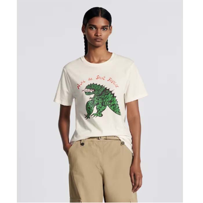 Dior Women CD T-Shirt White Cotton Linen Jersey Green Dragon Motif