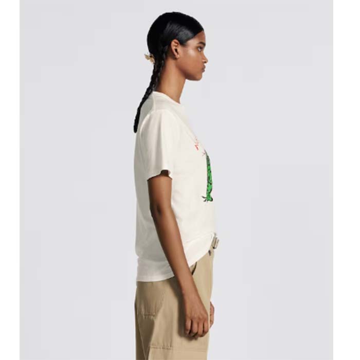 Dior Women CD T-Shirt White Cotton Linen Jersey Green Dragon Motif