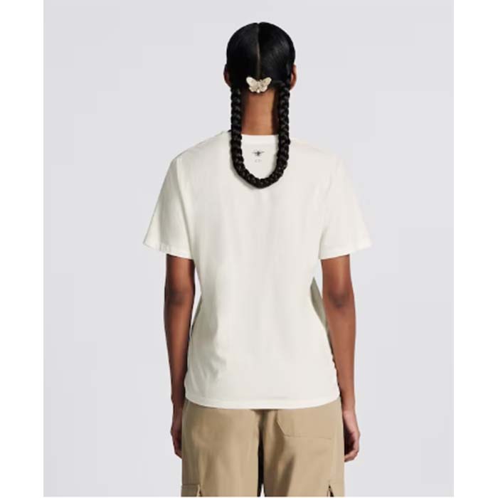 Dior Women CD T-Shirt White Cotton Linen Jersey Green Dragon Motif
