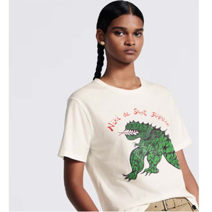 Dior Women CD T-Shirt White Cotton Linen Jersey Green Dragon Motif