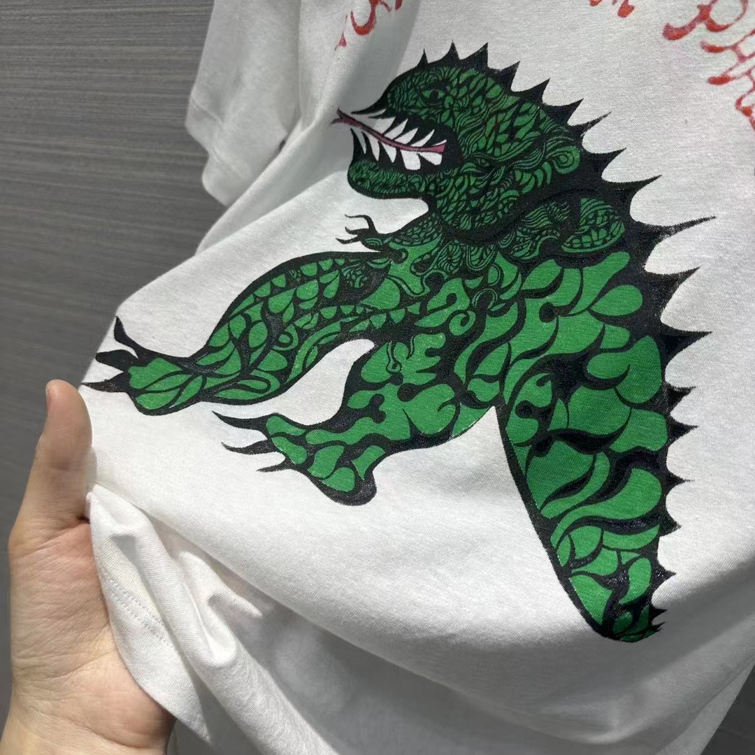 Dior Women CD T-Shirt White Cotton Linen Jersey Green Dragon Motif