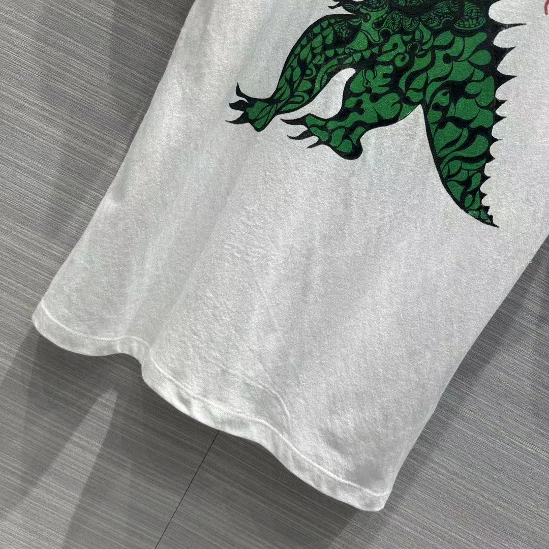 Dior Women CD T-Shirt White Cotton Linen Jersey Green Dragon Motif