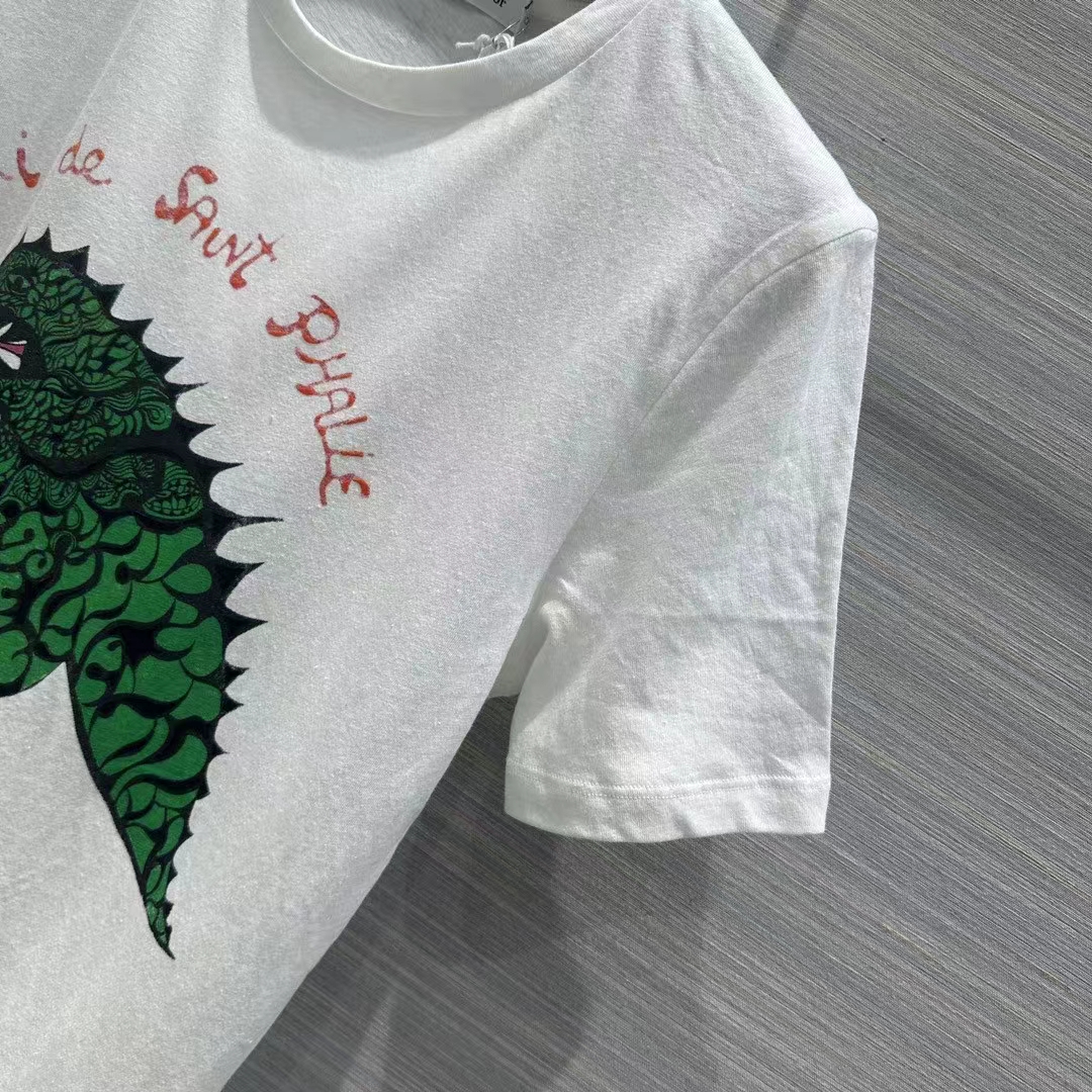 Dior Women CD T-Shirt White Cotton Linen Jersey Green Dragon Motif
