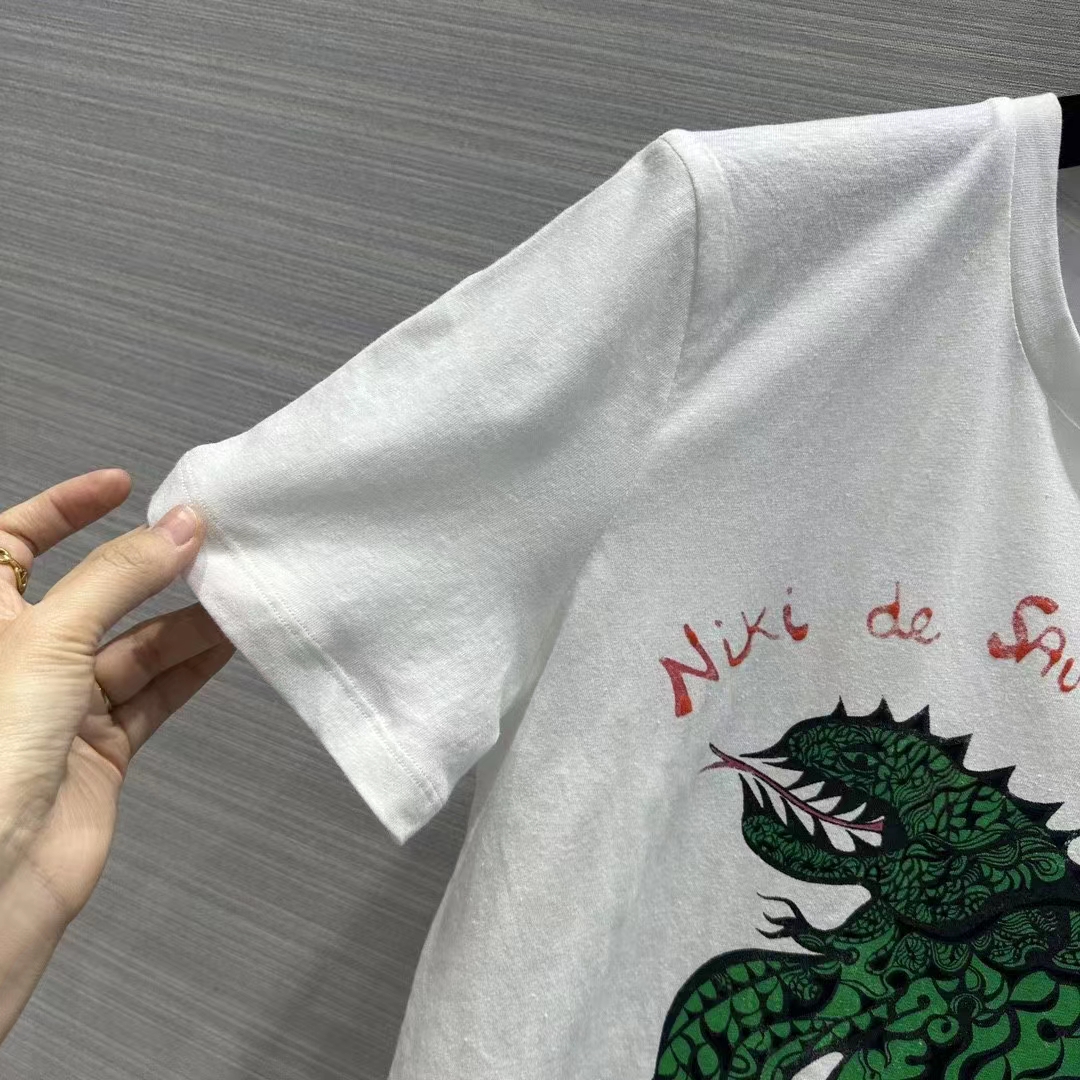 Dior Women CD T-Shirt White Cotton Linen Jersey Green Dragon Motif