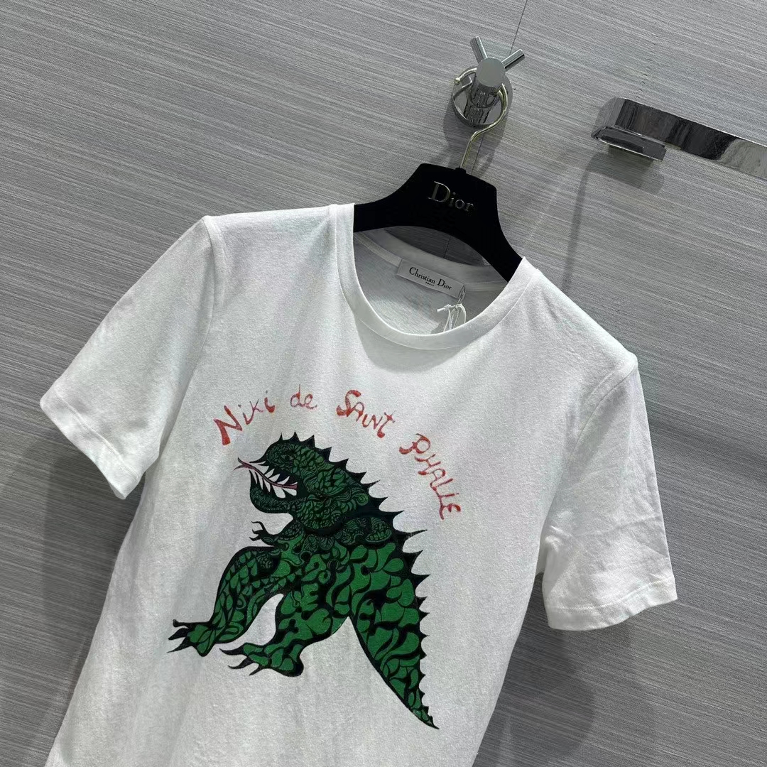 Dior Women CD T-Shirt White Cotton Linen Jersey Green Dragon Motif