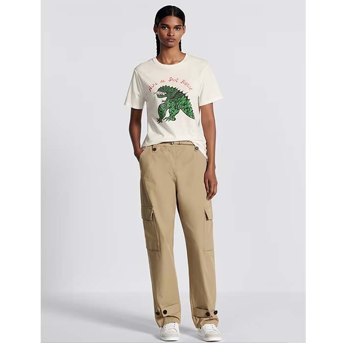 Dior Women CD T-Shirt White Cotton Linen Jersey Green Dragon Motif
