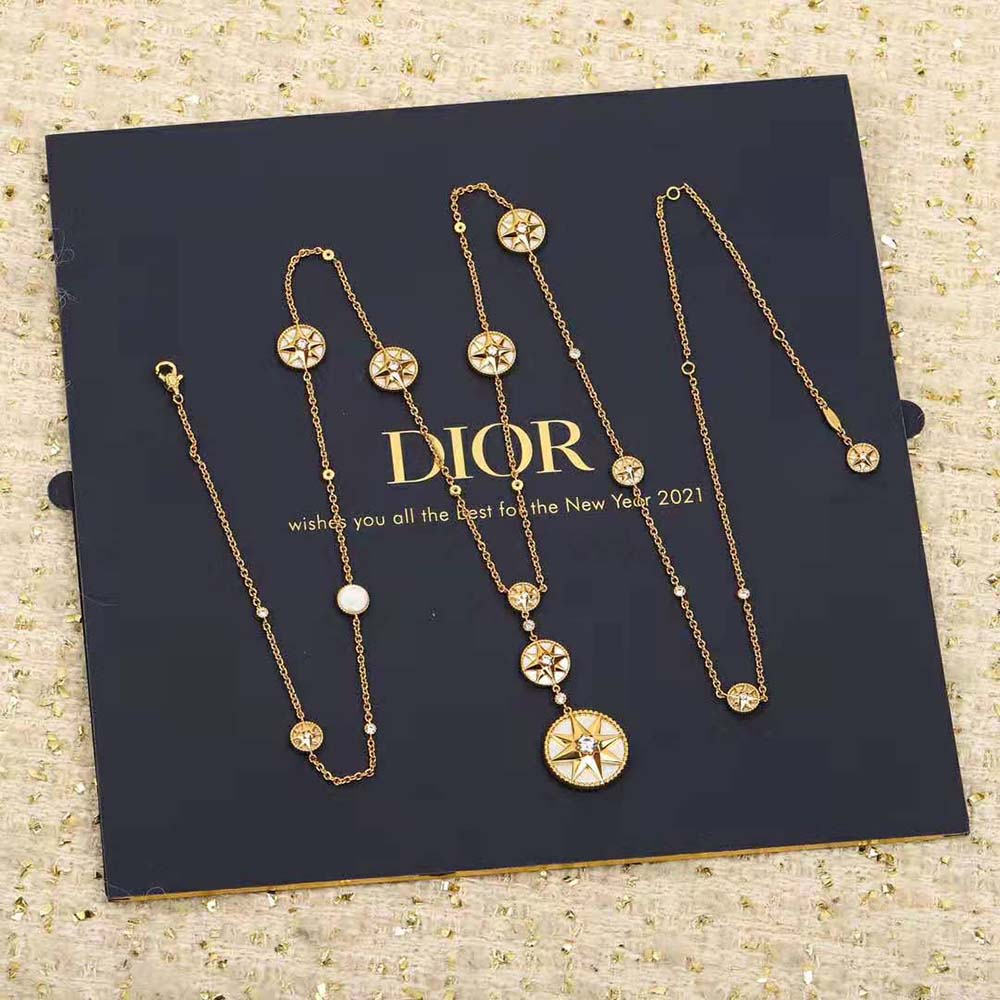 Dior Women Rose Des Vents Long Necklace Yellow Gold Diamonds and Mother-of-Pearl