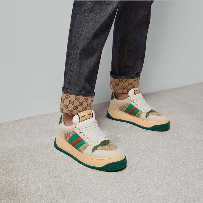 Gucci GG Unisex Screener Sneaker Web Beige Leather Bi-Color Flatform Rubber Low Heel