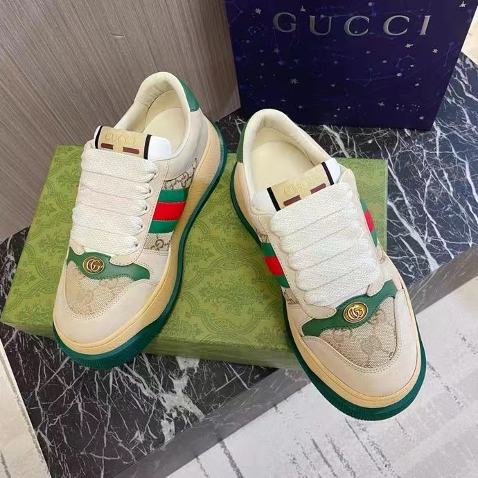 Gucci GG Unisex Screener Sneaker Web Beige Leather Bi-Color Flatform Rubber Low Heel