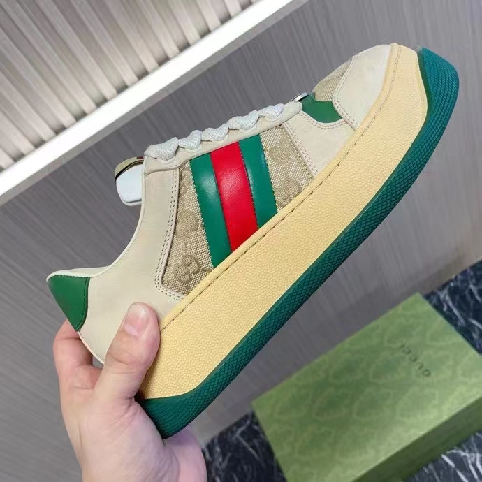 Gucci GG Unisex Screener Sneaker Web Beige Leather Bi-Color Flatform Rubber Low Heel