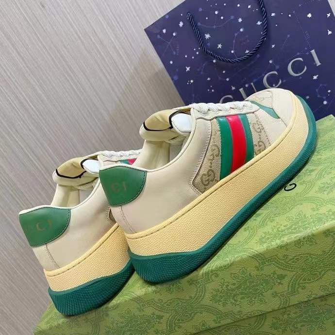 Gucci GG Unisex Screener Sneaker Web Beige Leather Bi-Color Flatform Rubber Low Heel