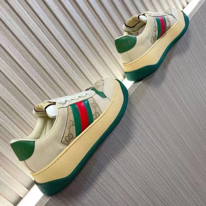 Gucci GG Unisex Screener Sneaker Web Beige Leather Bi-Color Flatform Rubber Low Heel