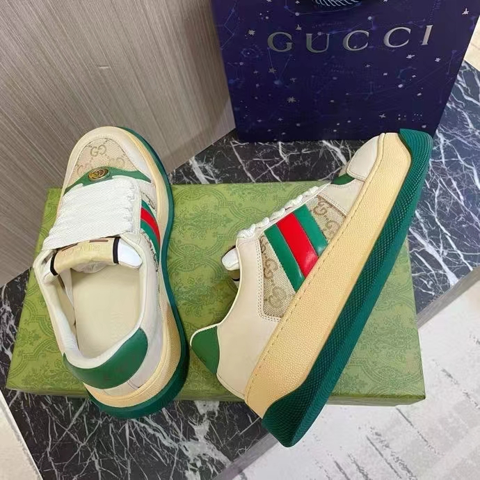Gucci GG Unisex Screener Sneaker Web Beige Leather Bi-Color Flatform Rubber Low Heel
