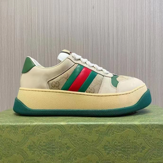 Gucci GG Unisex Screener Sneaker Web Beige Leather Bi-Color Flatform Rubber Low Heel