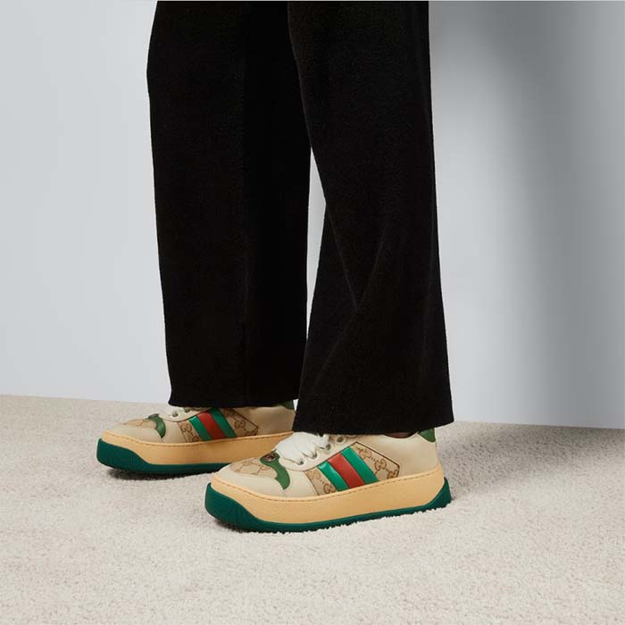 Gucci GG Unisex Screener Sneaker Web Beige Leather Bi-Color Flatform Rubber Low Heel