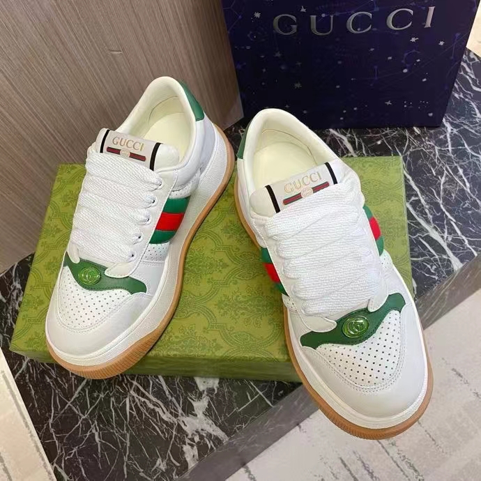Gucci GG Unisex Screener Sneaker Web White Perforated Leather Bi-Color Flatform Rubber Low Heel
