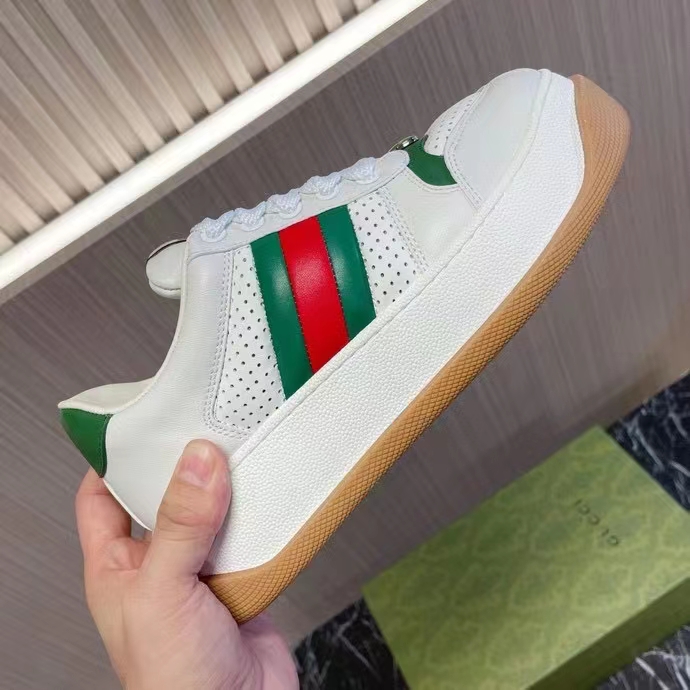 Gucci GG Unisex Screener Sneaker Web White Perforated Leather Bi-Color Flatform Rubber Low Heel