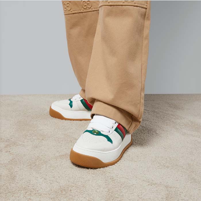 Gucci GG Unisex Screener Sneaker Web White Perforated Leather Bi-Color Flatform Rubber Low Heel