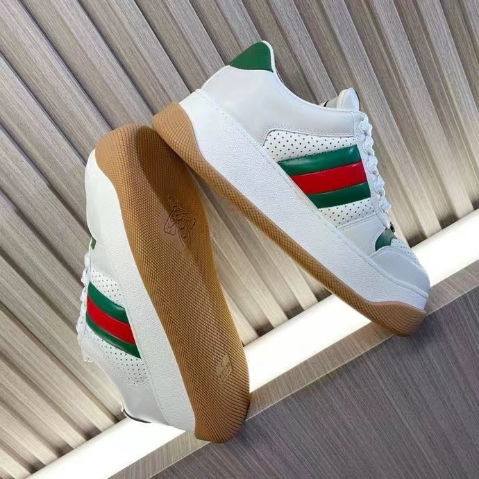 Gucci GG Unisex Screener Sneaker Web White Perforated Leather Bi-Color Flatform Rubber Low Heel