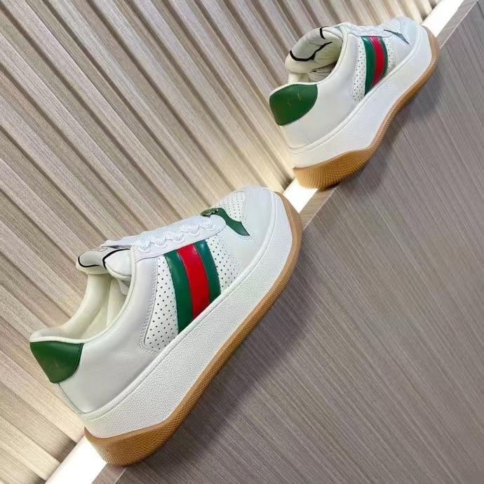 Gucci GG Unisex Screener Sneaker Web White Perforated Leather Bi-Color Flatform Rubber Low Heel