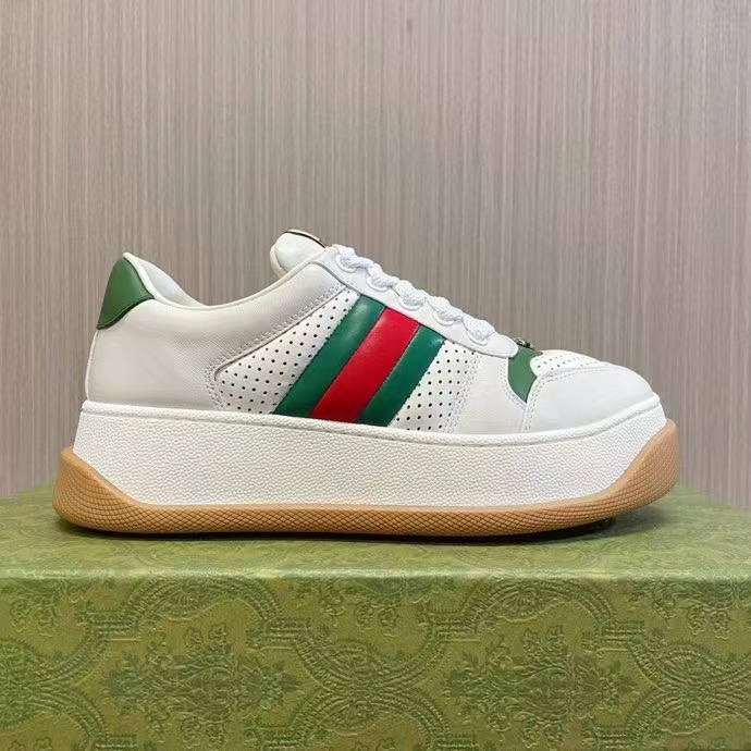 Gucci GG Unisex Screener Sneaker Web White Perforated Leather Bi-Color Flatform Rubber Low Heel