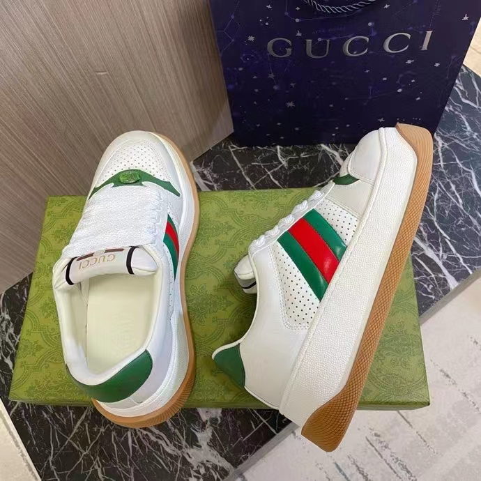 Gucci GG Unisex Screener Sneaker Web White Perforated Leather Bi-Color Flatform Rubber Low Heel