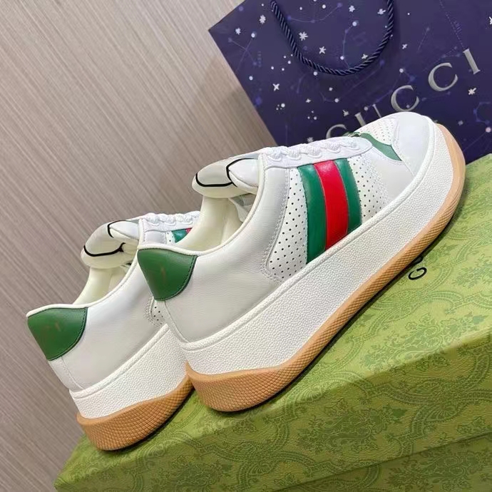 Gucci GG Unisex Screener Sneaker Web White Perforated Leather Bi-Color Flatform Rubber Low Heel