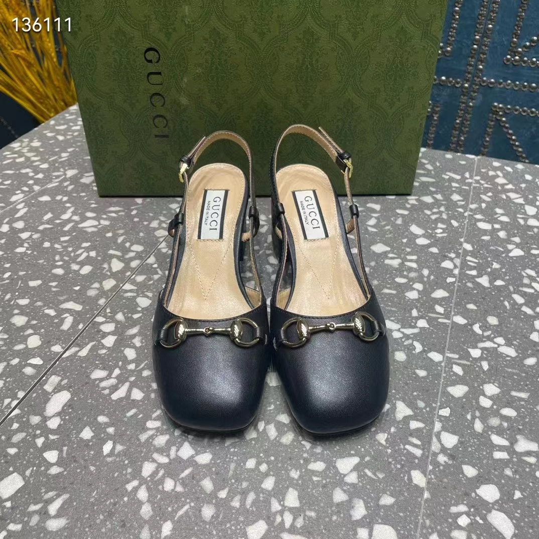 Gucci GG Women Horsebit Slingback Black Leather Sole Ankle Buckle Closure Mid-Heel Style ‎771601 C9D00 1000