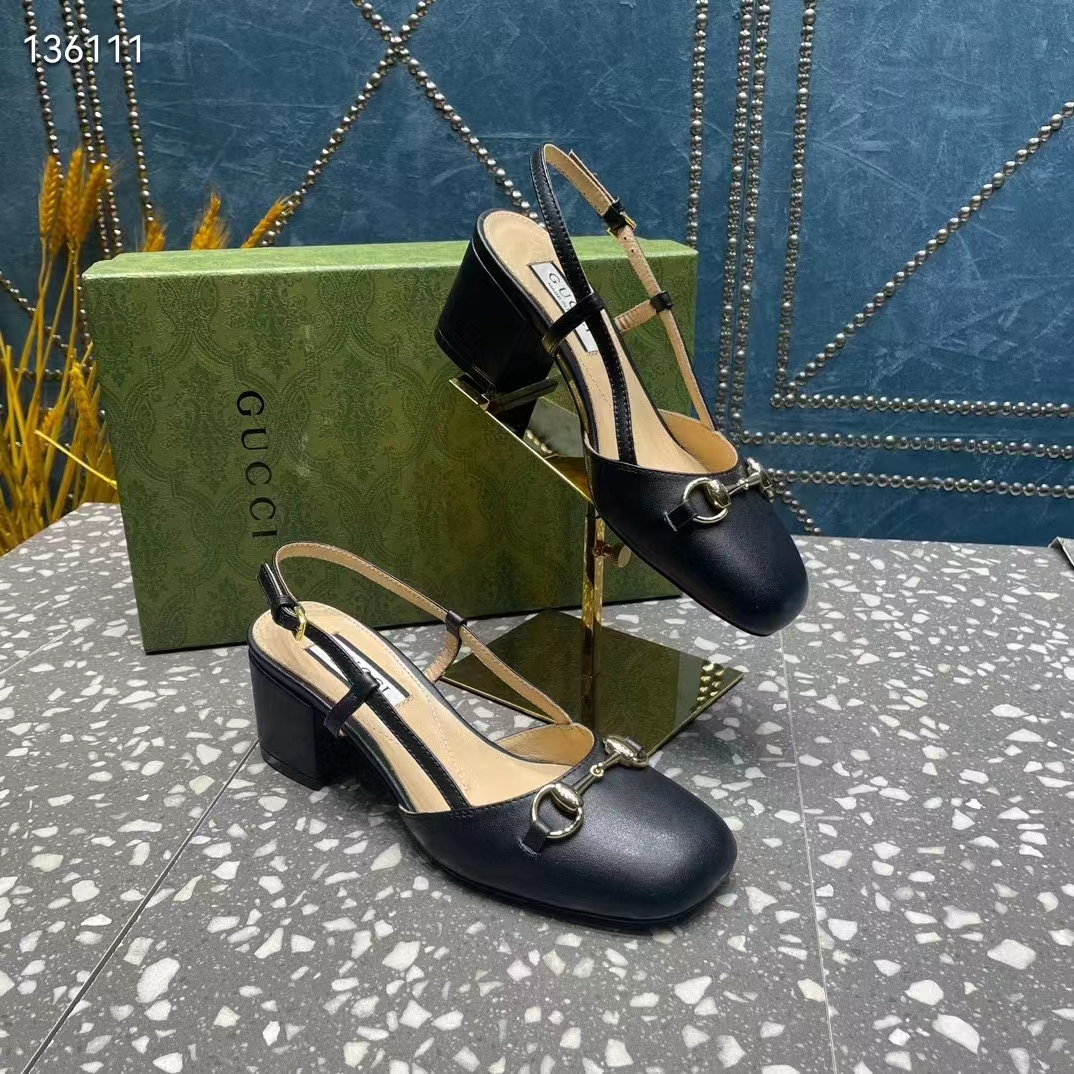 Gucci GG Women Horsebit Slingback Black Leather Sole Ankle Buckle Closure Mid-Heel Style ‎771601 C9D00 1000