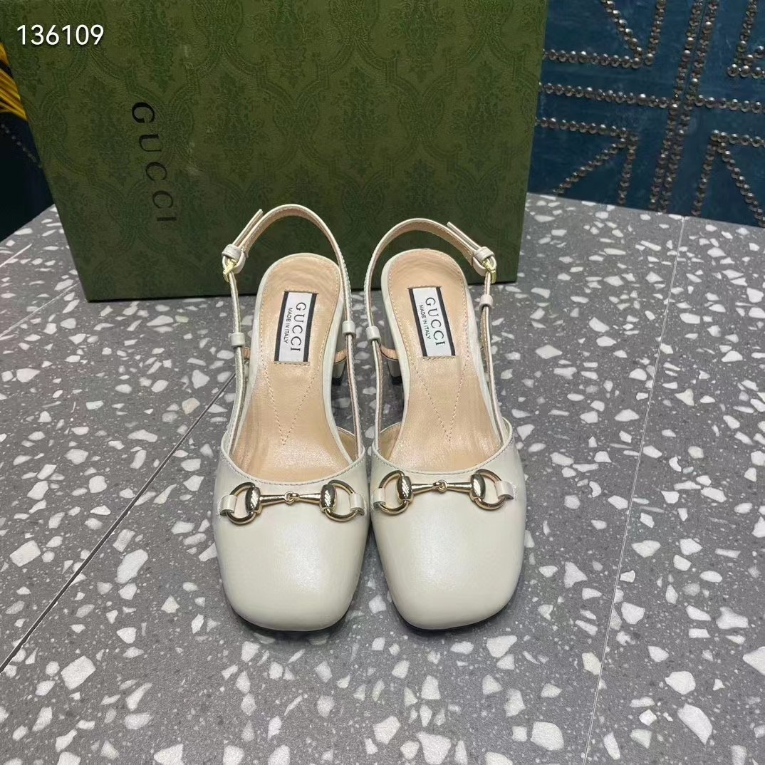 Gucci GG Women Horsebit Slingback White Leather Sole Ankle Buckle Closure Mid-Heel Style ‎771601 C9D00 9022