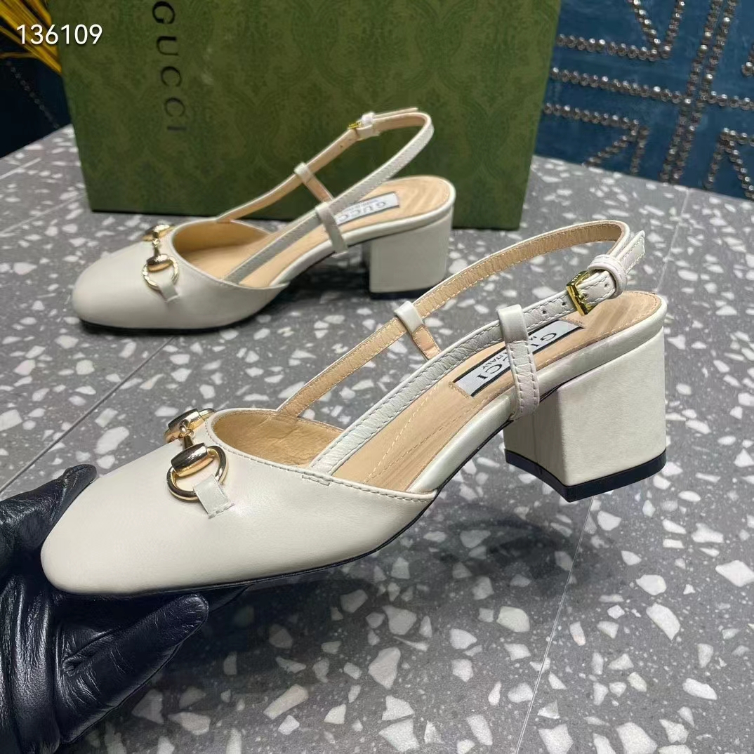 Gucci GG Women Horsebit Slingback White Leather Sole Ankle Buckle Closure Mid-Heel Style ‎771601 C9D00 9022