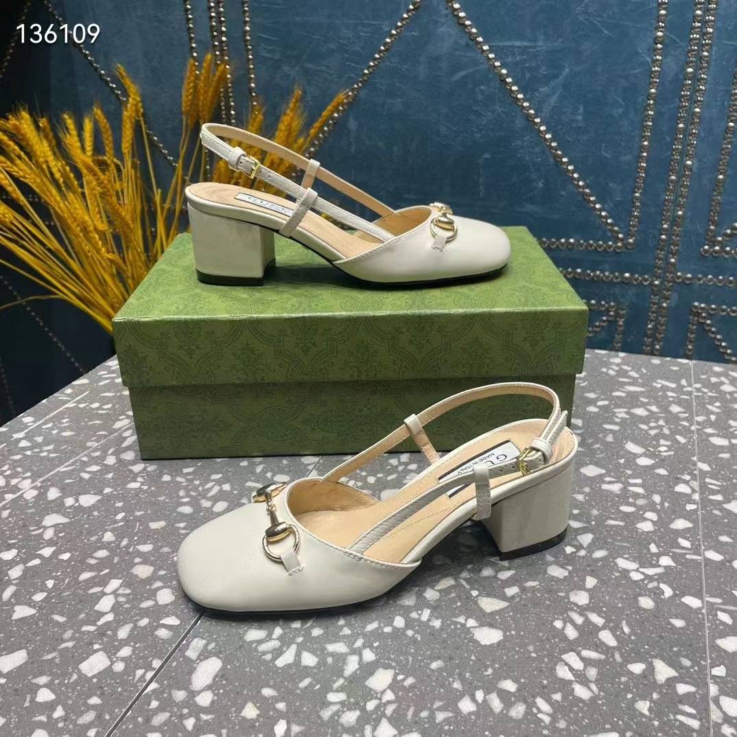 Gucci GG Women Horsebit Slingback White Leather Sole Ankle Buckle Closure Mid-Heel Style ‎771601 C9D00 9022