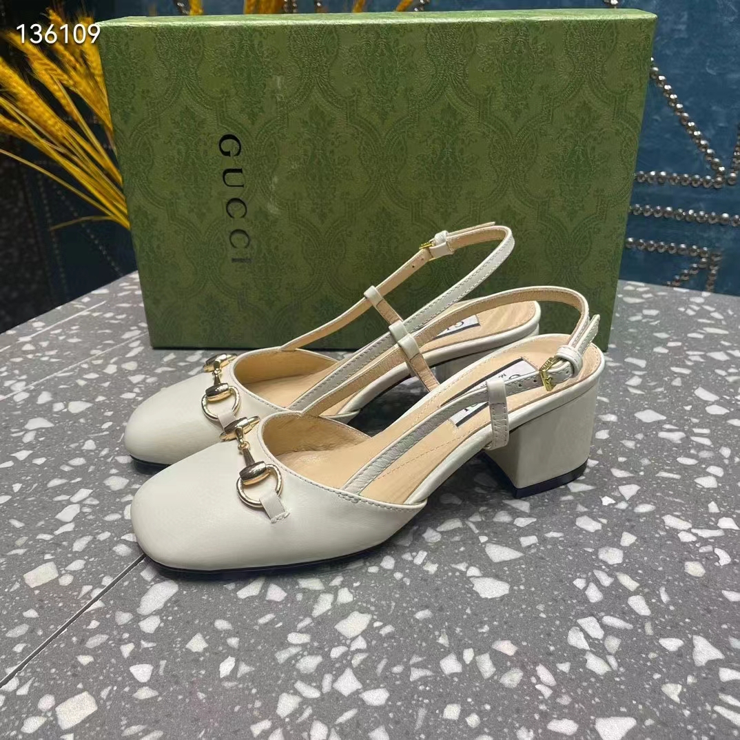 Gucci GG Women Horsebit Slingback White Leather Sole Ankle Buckle Closure Mid-Heel Style ‎771601 C9D00 9022