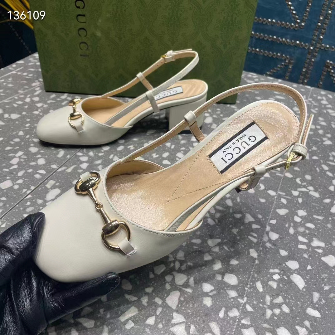 Gucci GG Women Horsebit Slingback White Leather Sole Ankle Buckle Closure Mid-Heel Style ‎771601 C9D00 9022