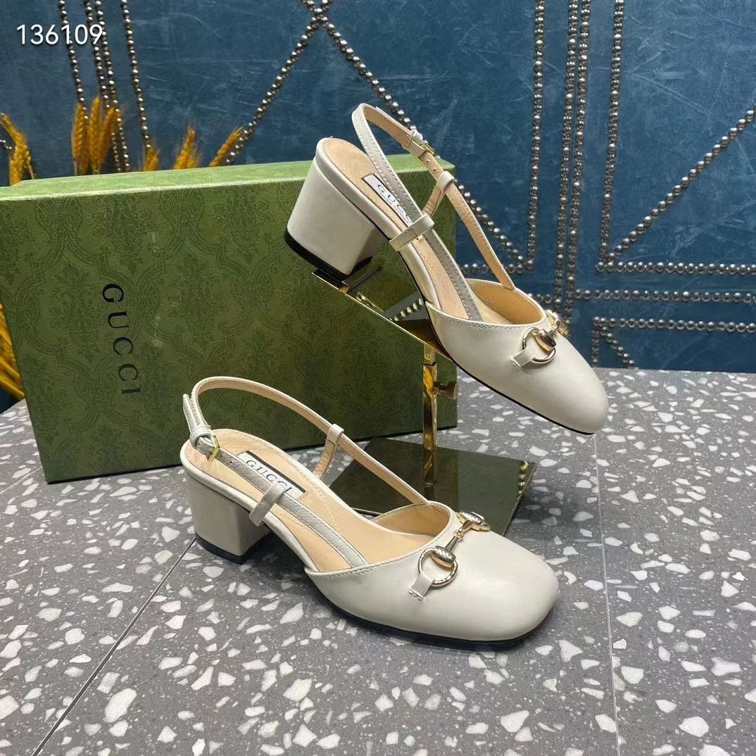 Gucci GG Women Horsebit Slingback White Leather Sole Ankle Buckle Closure Mid-Heel Style ‎771601 C9D00 9022