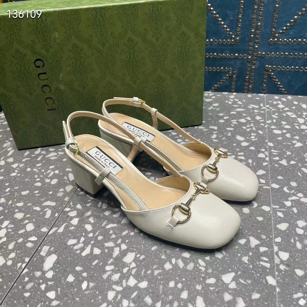 Gucci GG Women Horsebit Slingback White Leather Sole Ankle Buckle Closure Mid-Heel Style ‎771601 C9D00 9022