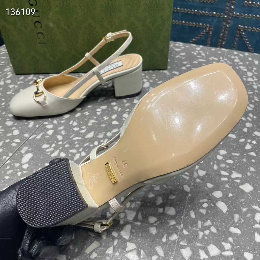 Gucci GG Women Horsebit Slingback White Leather Sole Ankle Buckle Closure Mid-Heel Style ‎771601 C9D00 9022