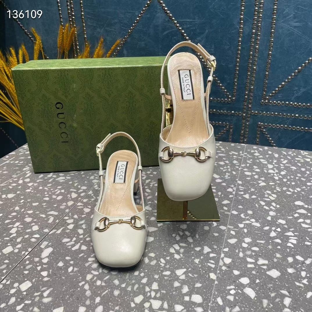 Gucci GG Women Horsebit Slingback White Leather Sole Ankle Buckle Closure Mid-Heel Style ‎771601 C9D00 9022