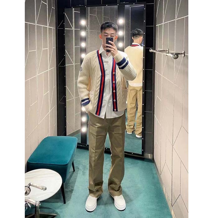 Gucci Men GG Cable Wool Knit Cardigan Web V-Neck Dropped Shoulder Two Front Pockets