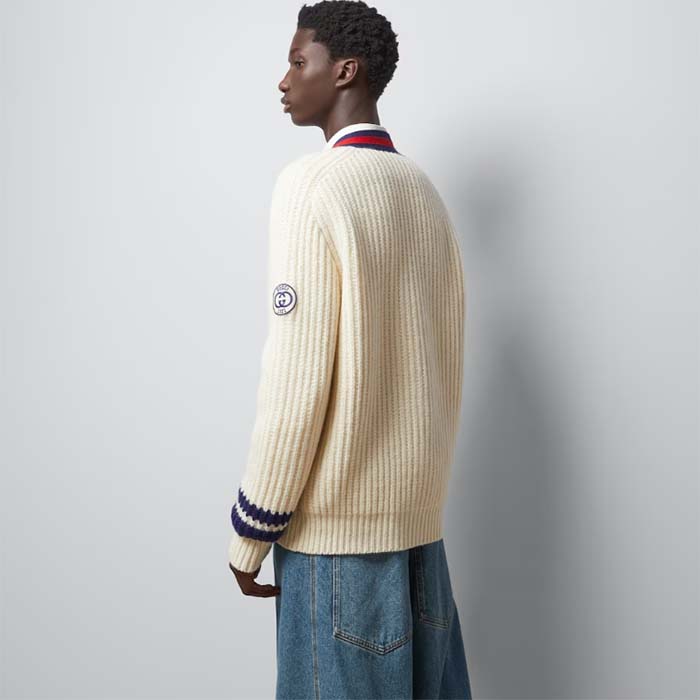 Gucci Men GG Cable Wool Knit Cardigan Web V-Neck Dropped Shoulder Two Front Pockets
