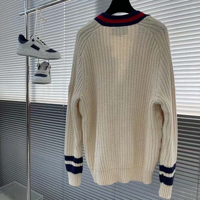 Gucci Women GG Cable Wool Knit Cardigan Web V-Neck Dropped Shoulder Two Front Pockets