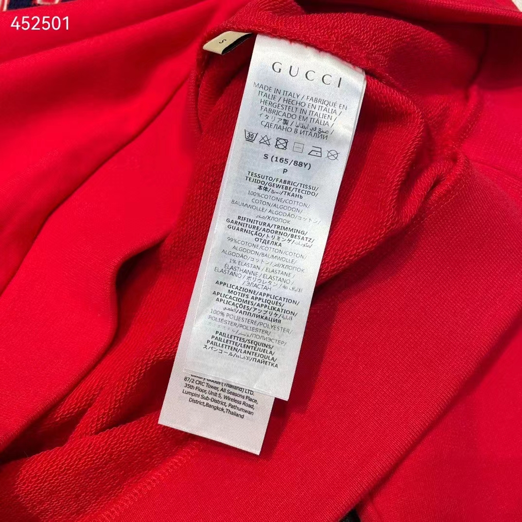 Gucci Women GG Cotton Jersey Sweatshirt 1921 Embroidery Red Crewneck Dropped Shoulder Style ‎768530 XJF3O 6429