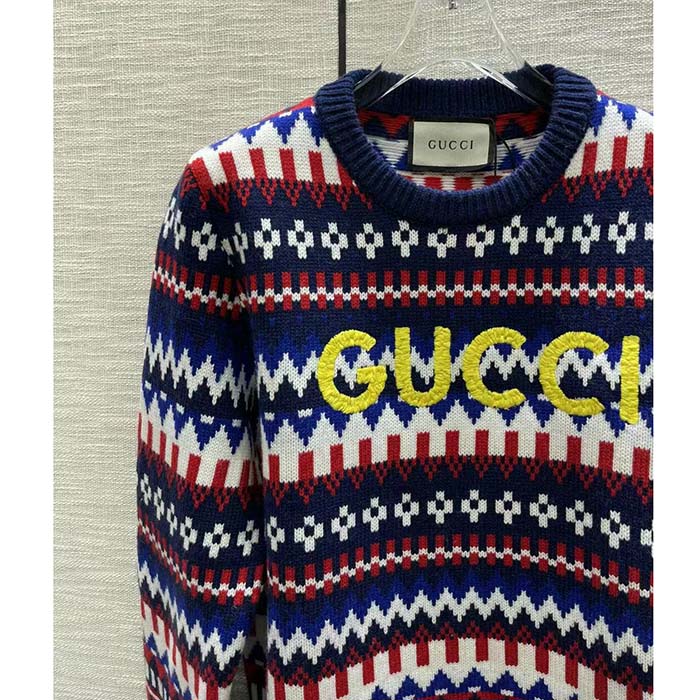 Gucci Men Knit Wool Sweater Gucci Embroidery Crewneck Dropped Shoulder Rib Style ‎763391 XKDOX 4216