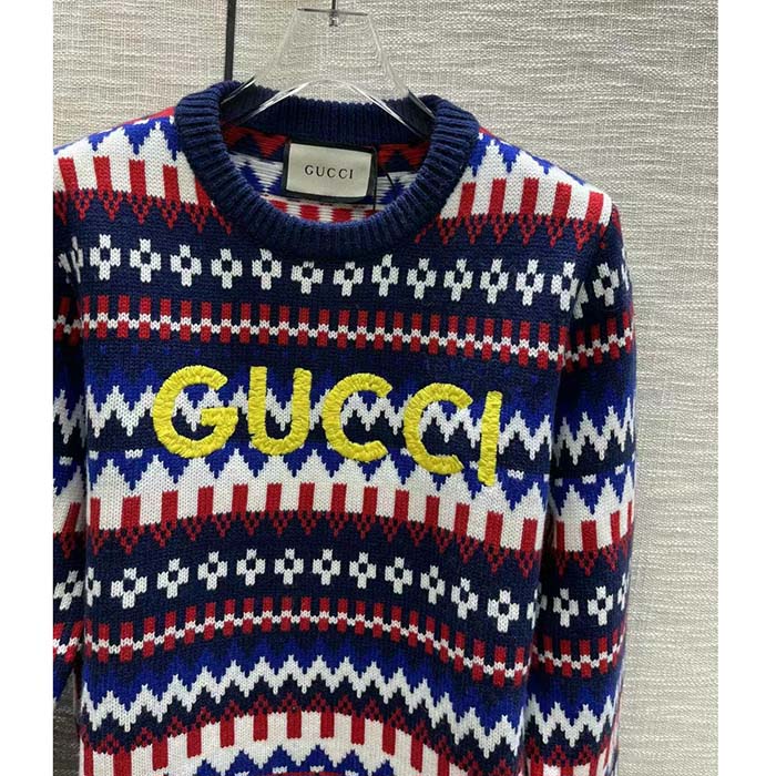 Gucci Men Knit Wool Sweater Gucci Embroidery Crewneck Dropped Shoulder Rib Style ‎763391 XKDOX 4216